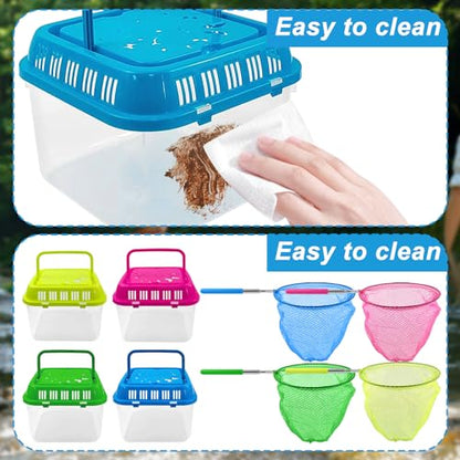 4Sets Catch Plastic Beach Aquarium Kit,Great Concept for Catching and Release,Clear and Transparent Portable Handheld Tank with Retractable net Bag for Beach, Pool and Lake