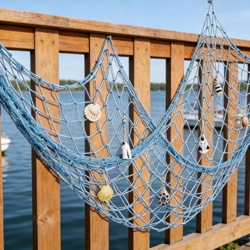 ITEFDTUTNE Natural Fishing Net Decor with Shells, Soft Cotton Rope Ocean Themed Mesh Wall Hanging Fish Net Decoration for Home Wedding Birthday Party Beach (Blue)