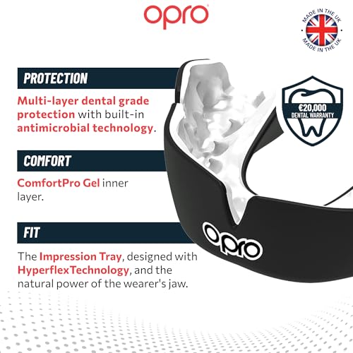 OPRO Instant Custom-Fit Mouthguard – Dentist Level Gum Shield Adult and Kids – OPRO Mouth Guard Boxing and MMA, Self-Fit Gum Shield Rugby – Maximum Protection with Dental Warranty (Black/White) - color: Black/White, size: Adult (10+)