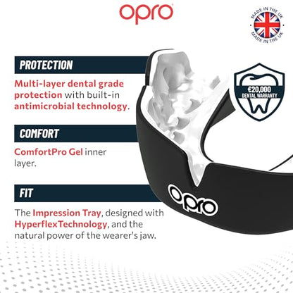 OPRO Instant Custom-Fit Mouthguard – Dentist Level Gum Shield Adult and Kids – OPRO Mouth Guard Boxing and MMA, Self-Fit Gum Shield Rugby – Maximum Protection with Dental Warranty (Black/White) - color: Black/White, size: Adult (10+)