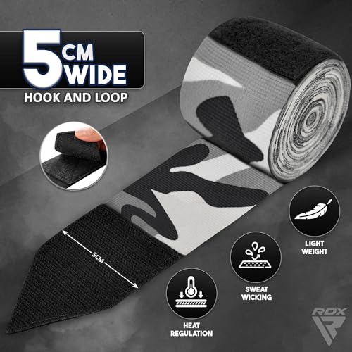 RDX Boxing Hand Wraps 4.5M / 180 Inches – Mexican Style Semi-Elastic MMA Inner Gloves - Wrist Support for Muay Thai, Kickboxing, BJJ, Karate - Thumb Loop & Hook and Loop Closure - Cotton & Nylon Blend - color: Camo