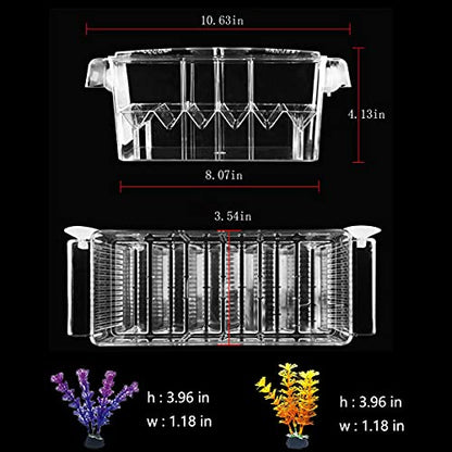 Fish Breeding Box, 3 Rooms HD Aquarium Breeder Box with Suction Cups Hatchery Acrylic Fish Incubator Isolation with Artificial Plant for Guppy Hatchery - size: 3 Rooms