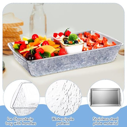 2 Set 16" x 9'' Chilled Serving Tray for Parties with Compartments Rectangle Serving Dish Ice Charcuterie Party Platter for Shrimp Fruit Seafood Vegetable Appetizer (Silver)