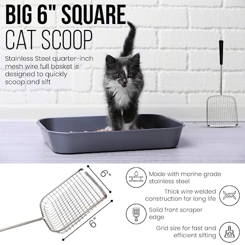 Cat Poop Scooper & Chicken Poop Scooper - Rugged Big 6" Square Stainless Steel Long Handle for Home Kitty Litter Scoop & Farm Chicken Compatible Coop Scooper (Scoop)