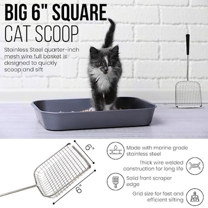 Cat Poop Scooper & Chicken Poop Scooper - Rugged Big 6" Square Stainless Steel Long Handle for Home Kitty Litter Scoop & Farm Chicken Compatible Coop Scooper (Scoop)