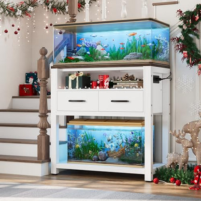 20-29 Gallon Aquarium Stand with Stable Metal Frame & Power Outlet, Heavy-Duty Fish Tank Stand with Waterproof Mat, 550LBS Capacity Storage Cabinet, White+Brown