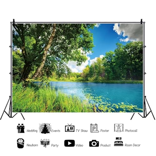 Polyester 7x5ft Park Scenery Backdrop River Blue Water and Tree Forest Garden Blue Sky Outdoor Picnic Spring Background Camping Hiking Photo Background Countryside Field Backdrop - size: 7x5ft