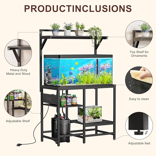 40 Gallon Fish Tank Stand, Aquarium Stand with Power Outlet, Heavy-Duty Reptile Terrarium Stand Table with Top Shelf for 40 Gal Standard/Long/High, 37.4" L x 19.7" W x 30" H(Black) - size: 40 Gallon