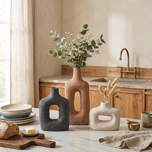 DREAMLOOM Ceramic Vase Set of 3, Modern Rustic Flower Vases for Pampas Grass, Dried & Fresh Flowers, Farmhouse Decorative Vase for Living Room Bedroom Kitchen Shelf Centerpiece, Rust