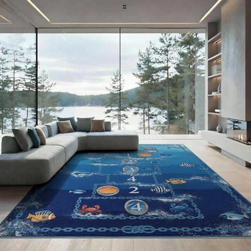 9'x12' Washable Graphic Fish Oversized Rug, Blue Non-Shedding Pet Friendly Carpet Foldable Easy Care Mat for Master Suite, California King, Under Bed | Ref:2049617
