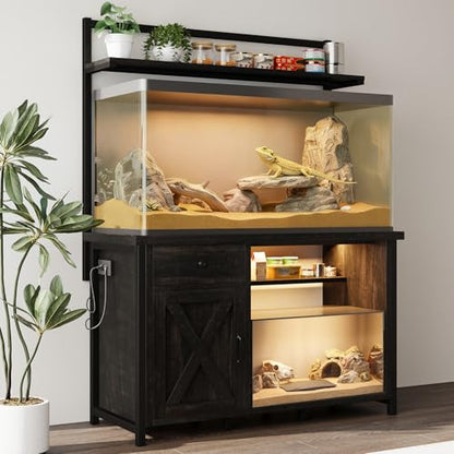 Reptile Tank Stand with Power Outlet, Terrarium Stand with Storage Cabinet, 49" X 20" Tabletop, Aquarium Stand with LED Lights, Reptile Terrarium,Turtle Tank (Oak) - color: Oak