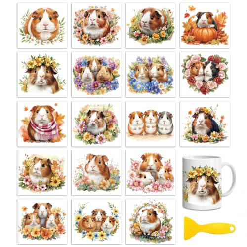 Peacoblue 18 Sheets Rub on Transfers for Crafts, Guinea Pig 3.6"x3.9" UV DTF Cup Wraps Waterproof Rub on Cold Transfers Stickers for Wood Glass Metal Cup Tumblers Mirrors Mugs Home Decor - style: Guinea Pig