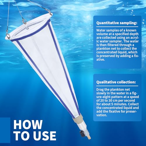 Plankton net; Water Quality Test Freshwater and Marine Aquatic Organisms Collection net; Equipped with 2 PE Bottles, 5 Meters of Cotton Rope (Blue)