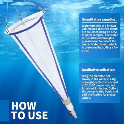 Plankton net; Water Quality Test Freshwater and Marine Aquatic Organisms Collection net; Equipped with 2 PE Bottles, 5 Meters of Cotton Rope (Blue)