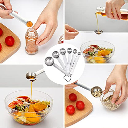 Upgrade Stainless Steel Measuring Spoons Set, Small Tablespoon, Teaspoons, Set 6 with Bonus Leveler, Etched Markings and Removable Clasp for Dry and Liquid, Fits in Spice Jars - size: 7 pieces