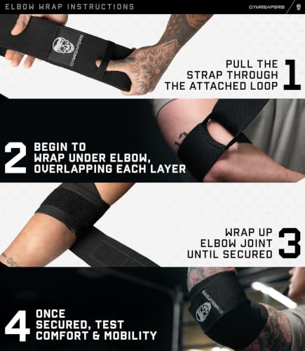 Gymreapers Weightlifting Elbow Wraps (1 Pair) - Flexible 40'' Elbow Compression Strap & Joint Support Brace - for Bench Press, Powerlifting, and Pressing - color: Black