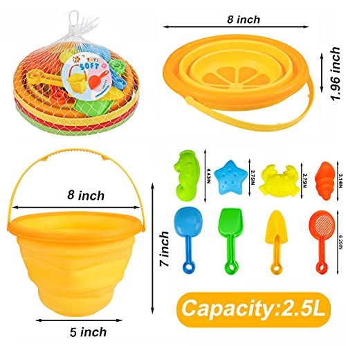Beach Sand Toys Set for Kids, Silicone Collapsible Foldable Beach Bucket Travel Beach Toys for Summer Outdoor Camping and Fishing Tub with Sand Molds Shovels Rakes for Toddlers Boys Girls 2.5L 3PCS
