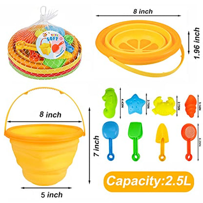 Beach Sand Toys Set for Kids, Silicone Collapsible Foldable Beach Bucket Travel Beach Toys for Summer Outdoor Camping and Fishing Tub with Sand Molds Shovels Rakes for Toddlers Boys Girls 2.5L 3PCS