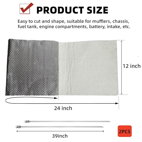 Exhaust Heat Shield Wrap - Aluminum Fiberglass Automotive Muffler Insulation Armor, 12"x24" Sheet for Exhaust Pipe, Motorcycle, Car Undercarriage, Fuel Tank & Firewall - size: 12 Inch x 24 Inch