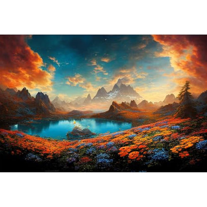 Autumn Theme Aquarium Background Tranquil Lake Blue Sunset Sky Fish Tank Background Colorful Flowers Mountains Clouds Reptile Tank Backgrounds Fall Style Reptile Enclosure Backgrounds Poster 36x24in