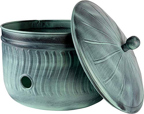 Garden Hose Holder Storage Pot with Lid 17 x 11.5" | Water Hose Container Pot Outdoor or Indoor Use | Expandable Water Hose Hider l | (‎Sculptor’s Secret Harbor Teal) - Handmade