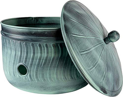 Garden Hose Holder Storage Pot with Lid 17 x 11.5" | Water Hose Container Pot Outdoor or Indoor Use | Expandable Water Hose Hider l | (‎Sculptor’s Secret Harbor Teal) - Handmade