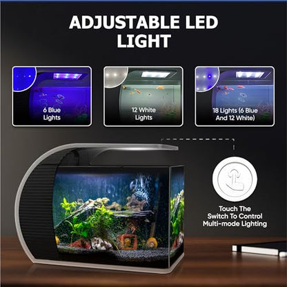 5 Gallon Fish Tank - Arc-Shaped Glass Tank w/LED Lights - Fish Tank Kit w/Filter, Water Pump, Bag of Filter Media & More - Beautiful Aquarium Set for Office & Home - Easy Assembly Starter Kit