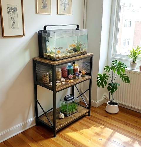 Fish Tank Stand, 10 Gallon Aquarium Stand, 3-Tier Metal Storage Shelf, 20.47"×11.42"×31.69" Heavy Duty Terrarium Stand for Home Office Fish Tank Shelf, Rustic Brown - color: Rustic Brown