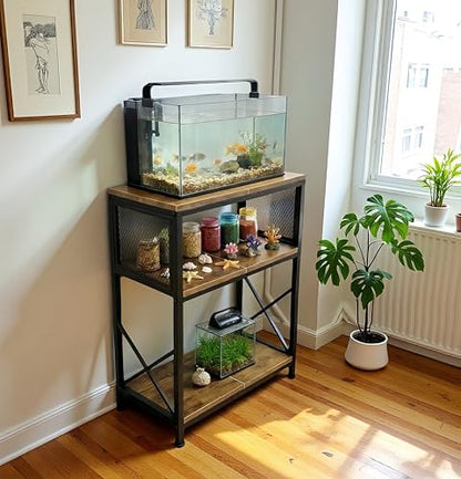 Fish Tank Stand, 10 Gallon Aquarium Stand, 3-Tier Metal Storage Shelf, 20.47"×11.42"×31.69" Heavy Duty Terrarium Stand for Home Office Fish Tank Shelf, Rustic Brown - color: Rustic Brown