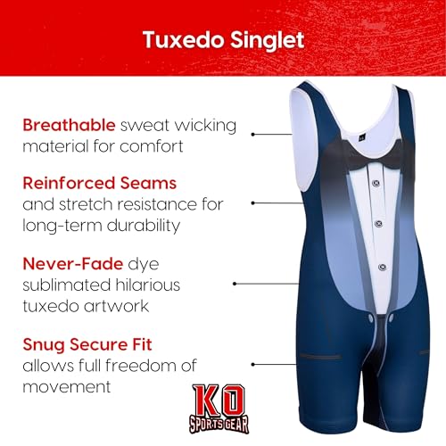 KO Sports Gear Adult Wrestling Singlets, Funny & Holiday Designs, XS-3XL - color: Tuxedo, size: Small