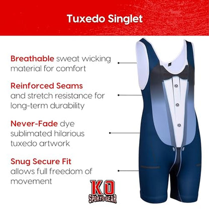 KO Sports Gear Adult Wrestling Singlets, Funny & Holiday Designs, XS-3XL - color: Tuxedo, size: X-Large