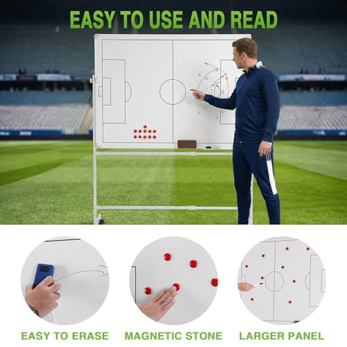 Mobile Double-Sided Soccer Coaching Board Height Adjustable Dry Erase Whiteboard with Wheels Soccer Tactics Board with Magnets Pen & Eraser for Teaching Training