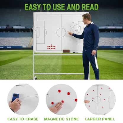 Mobile Double-Sided Soccer Coaching Board Height Adjustable Dry Erase Whiteboard with Wheels Soccer Tactics Board with Magnets Pen & Eraser for Teaching Training