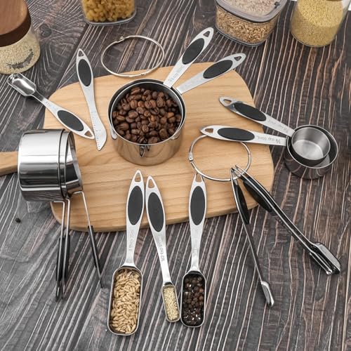Magnetic Measuring Cups and Spoons Set, 15 Piece Stainless Steel Measuring Cups and Spoons for Measure Dry and Liquid Ingredients (Black) - color: Black