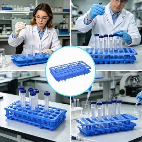 BIGLEE Plastic Test Tube Holder Rack with Silicone Pad for 5ml/10ml/15ml Centrifuge Tubes, Detachable,Holes 50 (1, Dark Blue, 9.6X4.9IN)