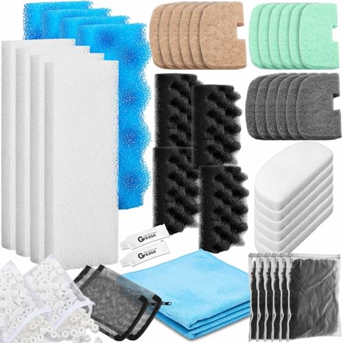 50 Pcs Filter Media Compatible with Fluval 206/207 Canister Filter, Maintenance & Replacement Kit, Bio-Based Sponge, Activated Carbon, Ceramic Rings, Microfiber Rags, Mesh Bags, Silicone Lube