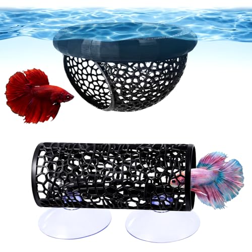 2 Pcs Fish Hammock & Betta Tunnel Set, Aquarium Decorations for Small Fish, Floating Hide & Resting Spot, Black