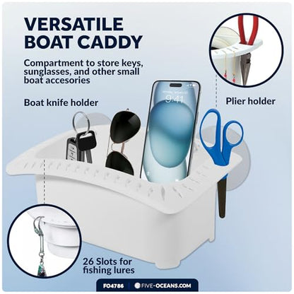 Five Oceans Boat Caddy Organizer, Suction Cups Mount, White ABS - Storage with Drainage, Knife, Plier & 26 Lure Holders for Boats, Pontoons, Fishing Boats, Kayaks - FO4786
