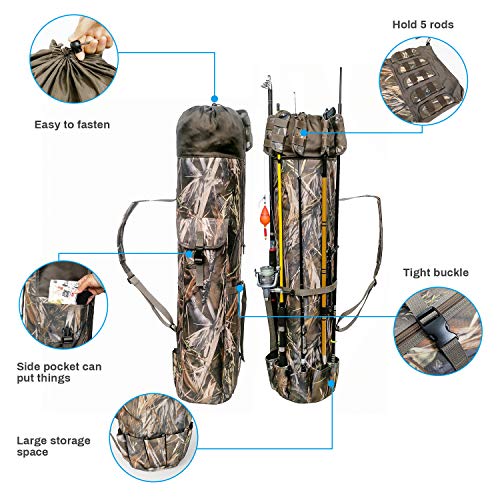 Allnice Durable Canvas Fishing Rod & Reel Organizer Bag Travel Carry Case Bag- Holds 5 Poles & Tackle