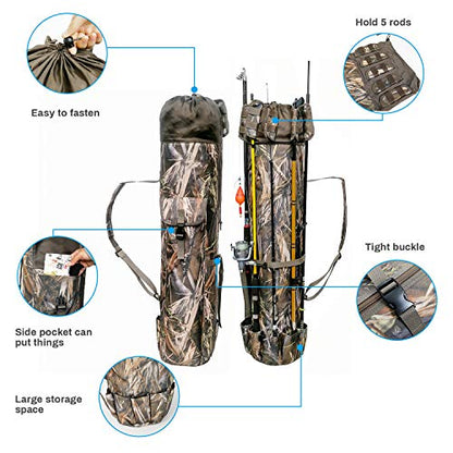 Allnice Durable Canvas Fishing Rod & Reel Organizer Bag Travel Carry Case Bag- Holds 5 Poles & Tackle