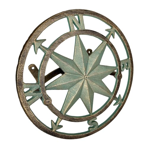 Verdigris Green Finish Cast Iron Nautical Compass Rose Wall Mounted Decorative Hanging Garden Hose Hanger - Hose Holder Organizer for Outdoor Spaces - 12 Inches in Diameter - color: Compass Rose - Green