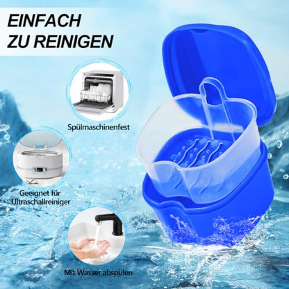 Denture Cups for Soaking Dentures, Partial Denture Holder Case Retainer Mouthguard Cleaning Box Case with 2 Small Brushes - Blue and Dark Blue - color: Blue & Dark Blue