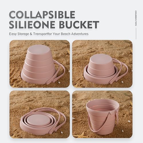 11Pcs Silicone Beach Toys,Collapsible Sand Bucket,Modern Baby Beach Toys,Travel Friendly Beach Set,Silicone Bucket,Shovel,Sand Molds, Beach Bag,Silicone Sand Toys for Toddlers, Kids (Pink)