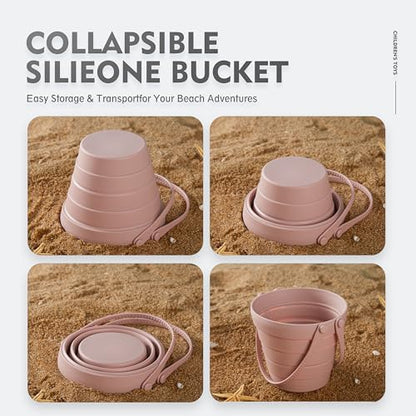 11Pcs Silicone Beach Toys,Collapsible Sand Bucket,Modern Baby Beach Toys,Travel Friendly Beach Set,Silicone Bucket,Shovel,Sand Molds, Beach Bag,Silicone Sand Toys for Toddlers, Kids (Pink)
