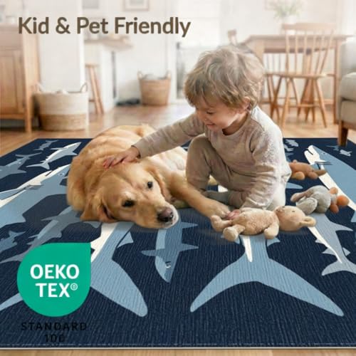 9'x12' Washable Graphic Fish Oversized Rug, Blue Non-Shedding Pet Friendly Carpet for Master Suite, California King, Under Bed, Foldable Easy Care Mat | Ref:2070230