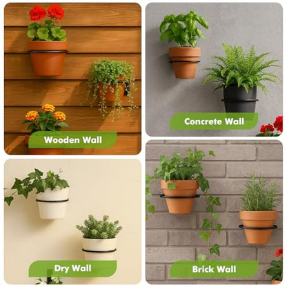 8-Pack 6 Inch Flower Pot Holder Ring Wall Mounted Metal Flower Pot Hangers Wall Hanger Bracket Rings Black Planter Bracket for Home, Garden, Indoor Outdoor Pots