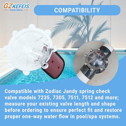 7056 Check Valve Cover with Flapper Assembly Kit Compatible with Zodiac Jandy Spring Check Valve Replacement, 2 Pack, Fits 7235 7305 7511 7512 Models, Clear Lid Spring Pin O-Ring Included