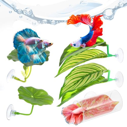 Ouligay 5 Pack Betta Fish Hammock Soft Betta Leaf Hammock for Aquarium Acrylic Plastic Plants Practical Resting Spot Beta Fish Tank Decoration for Sleeping Resting Hiding Playing, with Suction Cup