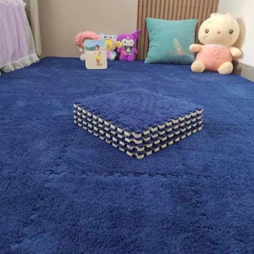 10 Pieces Plush Puzzle Play Mat 12''x12''x0.4'' Interlocking EVA Foam Mats,Shaggy Fluffy Carpet Floor Tiles Non-Slip Protective Floor Area Rug (Navy) - color: Navy