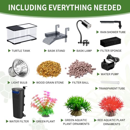 (Tank + Light +Pump + Filter + Filter Balls) Turtle Tank Kit, Turtle Tank Starter Kit,Bottom Drainage, Multi-Function Areas for Turtles, Crabs,Fishes, Amphibians,Reptiles. (21.65 x 12.28 x12.28 Inch)